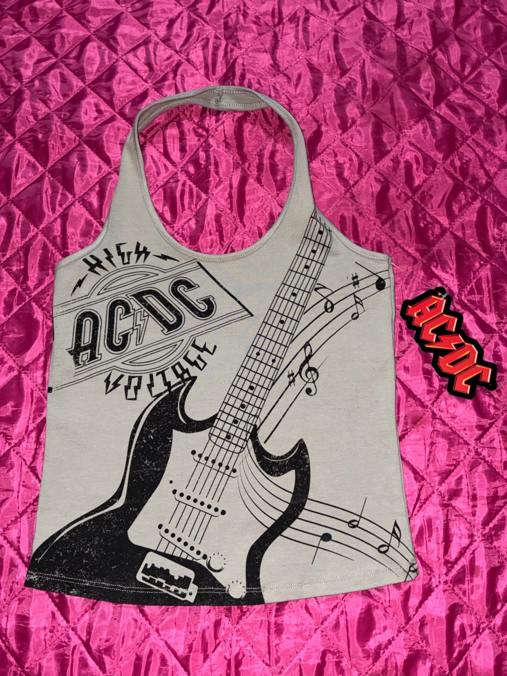 AC/DC Cream Tank Top with Black Guitar Print